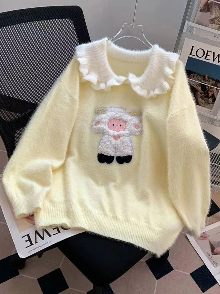 

Милый милый желтый свитер, женский винтажный вязаный джемпер из искусственной норки и кашемира с рисунком японского каваи, топ с длинными рукавами и воротником Питера Пэна