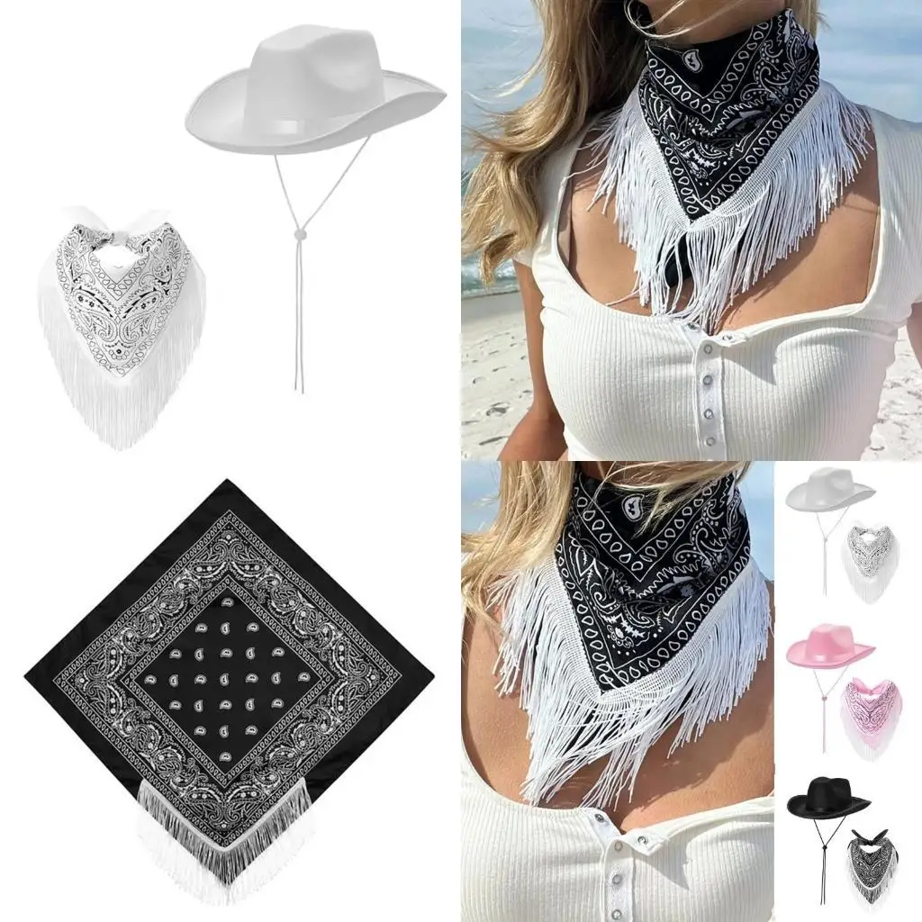 

31BB Western Cowboy Hat Bandanas Scarf Women Party Outfit Fashion Costume Headwear