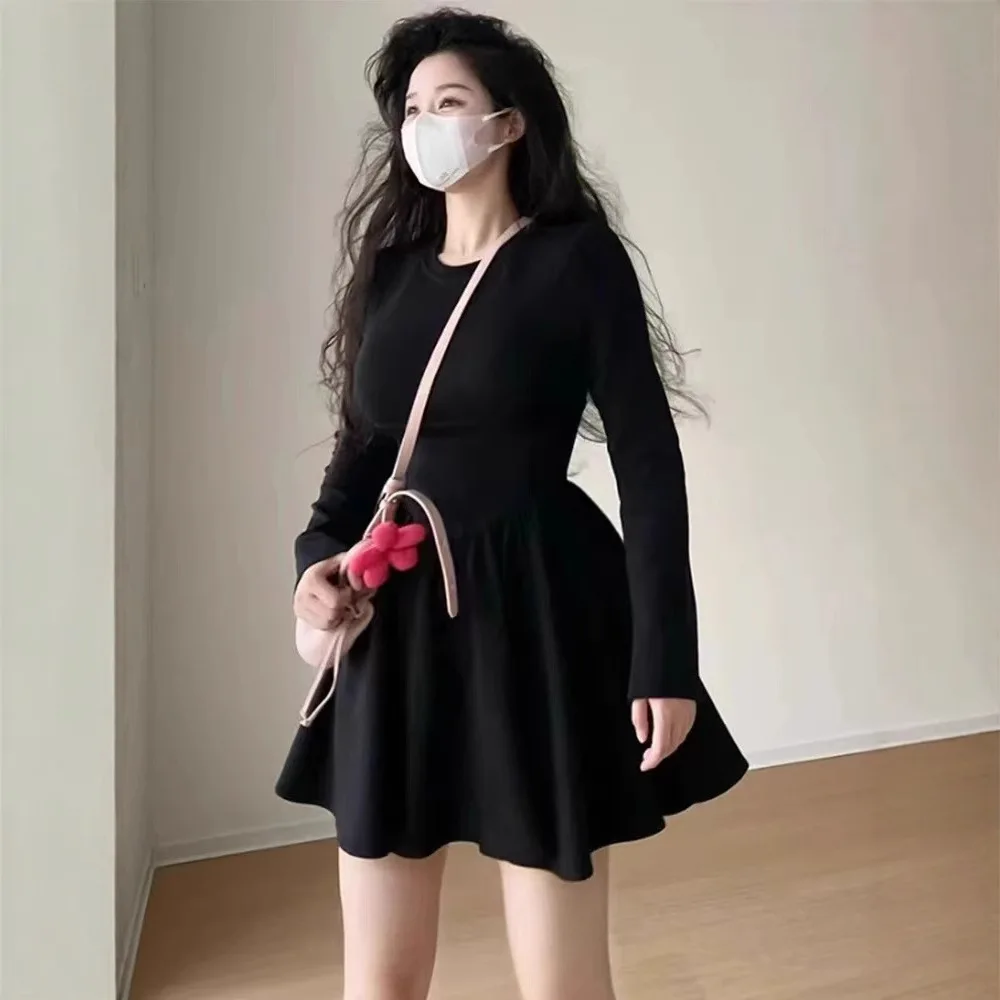 

Женские платья, однотонное платье с высокой талией, вечернее платье с круглым вырезом и длинными рукавами, Vestidos, свободный крой, осеннее, слегка эластичное, 2025, сращенное