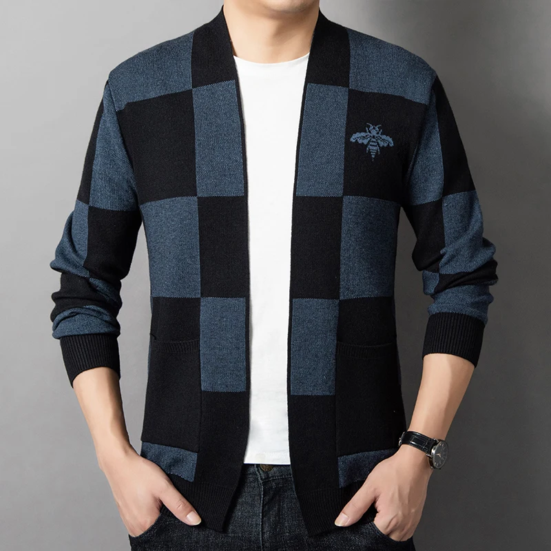 Gentleman Vintage British Style Oversized Cardigan For Mens Designer Sweater Luxury 2021 Knitted Jackets Elegant Plaid Blue Tops