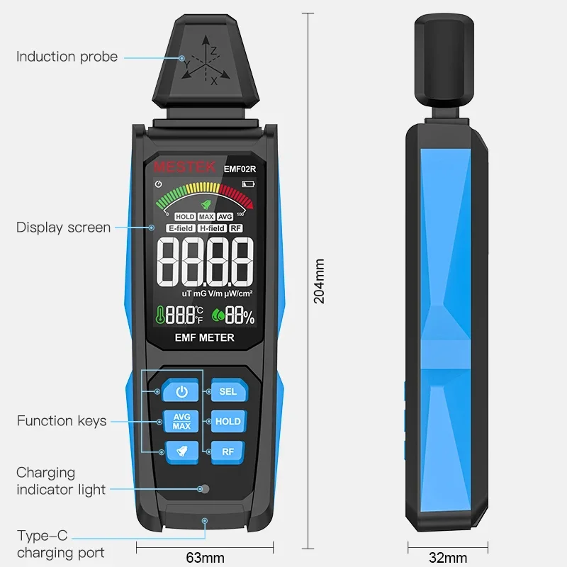 EMF02R EMF mètre Triaxial 30M ~ 8GHz détecteur de rayonnement de champ électromagnétique rechargeable radiomètre haute fréquence écran couleur