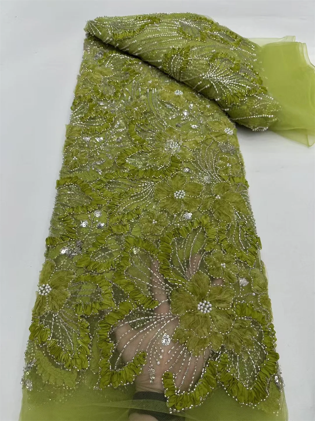 

New Design African Tulle Lace Fabric 2026 High Quality 3D Nigerian Beaded Sequins Embroidered Lace For Bridal Wedding Dresses