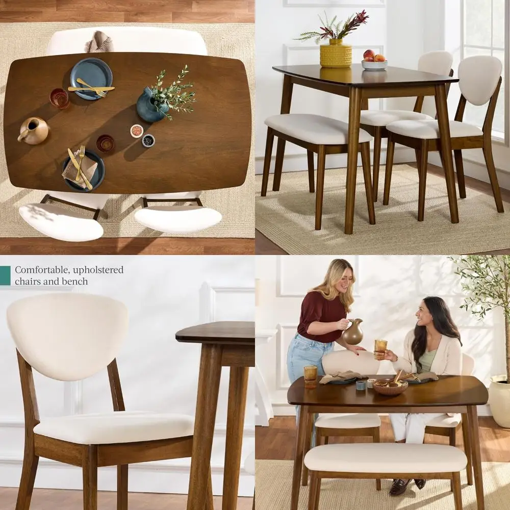 

Walnut & Cream 4-Piece Modern Wooden Dining Set With 2 Upholstered Chairs And Bench