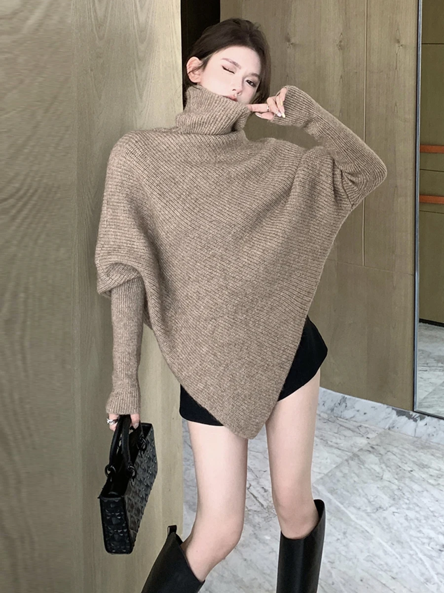 Korean Style High Collar Loose Batwing Sleeve Top Women's Fashion Autumn Winter Versatile Comfortable Polyester Blend Sweater