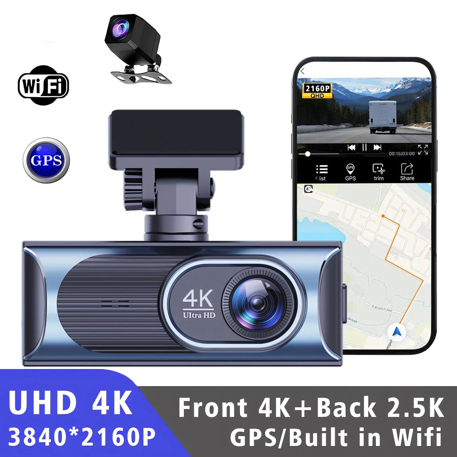 

Dash Cam UHD 4K+2.5K Car DVR GPS WIFI Front Rear Dual Lens Dashcam Black Box Camera Video Drive Recorder Dashcam Night Vision