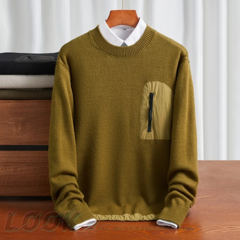 Solid Color Loose Casual Sweater with An O-neck, Youthful Front Stitching, Fashionable Knitted Hem Drawstring Pullover Sweater.