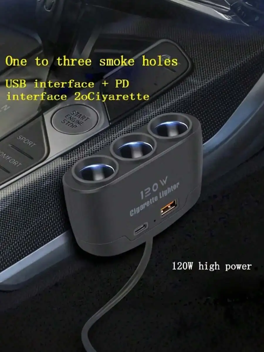 

120W Car Power Adapter With 3 Cigarette Lighter Sockets USB PD Fast Charging