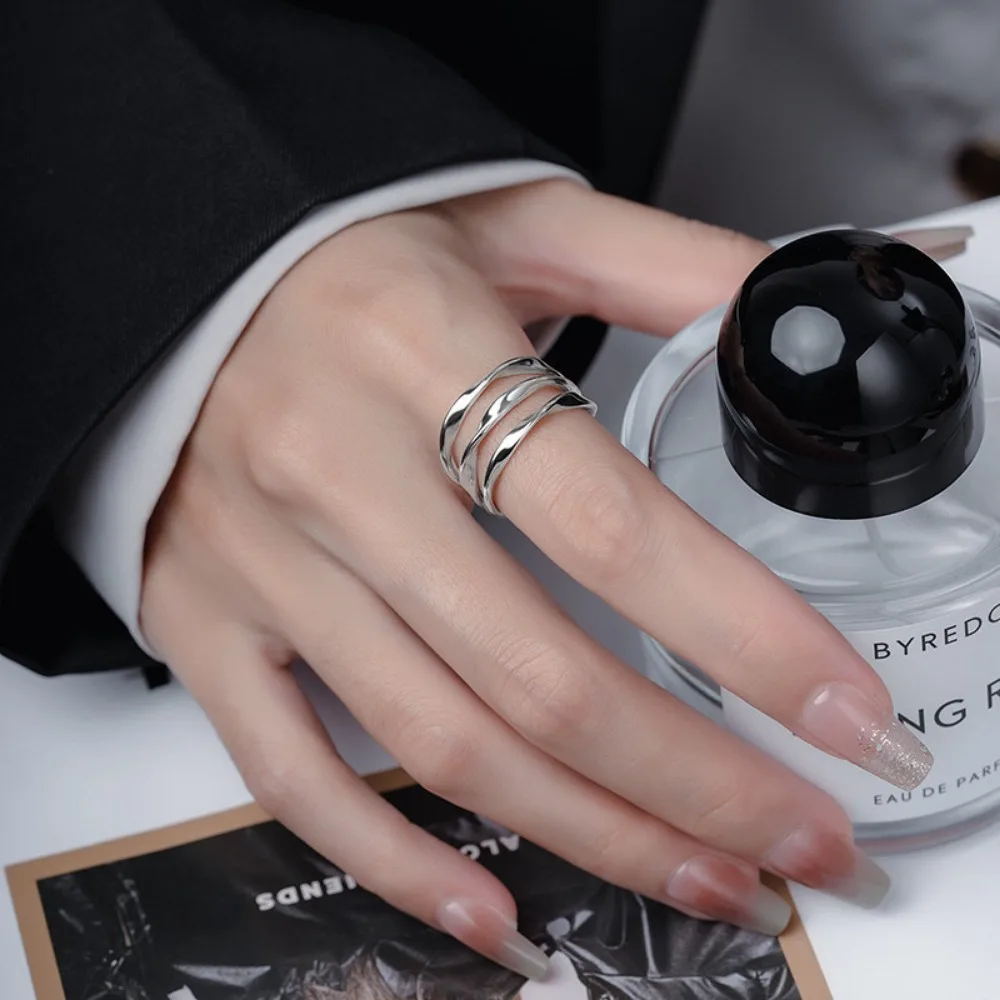 خط موجة هندسية قابل للتعديل حلقة مفتوحة مطلية بالفضة مجوهرات حديثة قابلة للتكديس للنساء #4