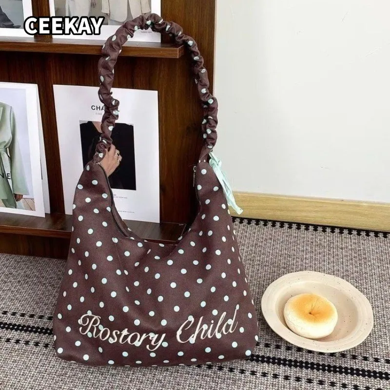 CEEKAY Canvas Hobo Bag Polka Dot Ruched Strap Top Handle Versatile Everyday Commute Casual Large Capacity Shoulder Purse