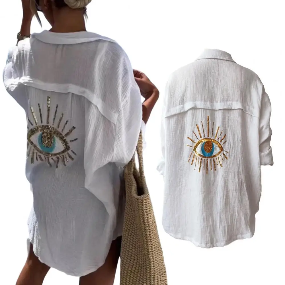 

Evil Eye Casual Sequin Beaded Shirt Spring Geometric Eye Top Long Sleeve Loose Shirts Summer Turn-down Collar Button Long Blouse