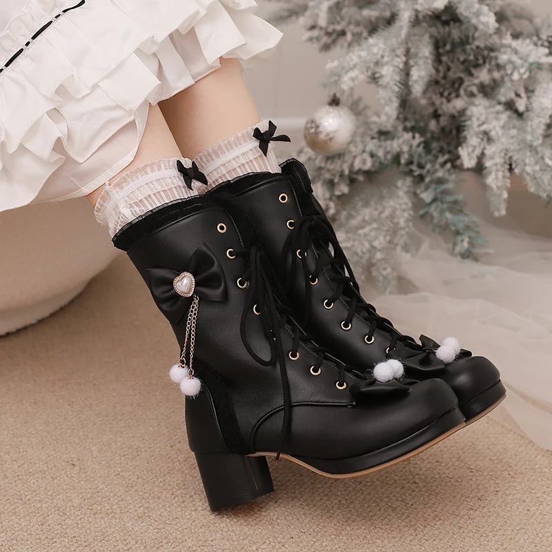 Harajuku JK Sweet Lolita Women Platform Boots Lace Up Chunky Heel Mid Calf Booties Heart Shap Bow Cosplay Autumn Winter Shoes