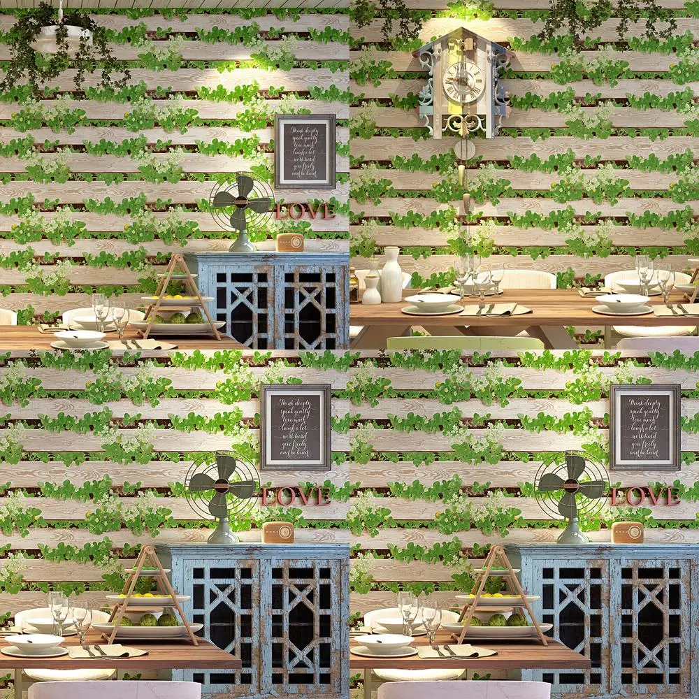 

Restaurant Fast Food Shop Decorative Wallpaper Vintage Ivy 3D Leaf Wood Texture Wall Paper for Small Eateries