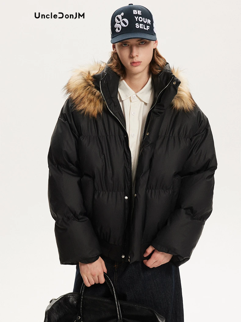 Uncledonjm Faux Fur Collar Thickened Puffer Jacket Y2k Coats Men High Street Hooded Parkas