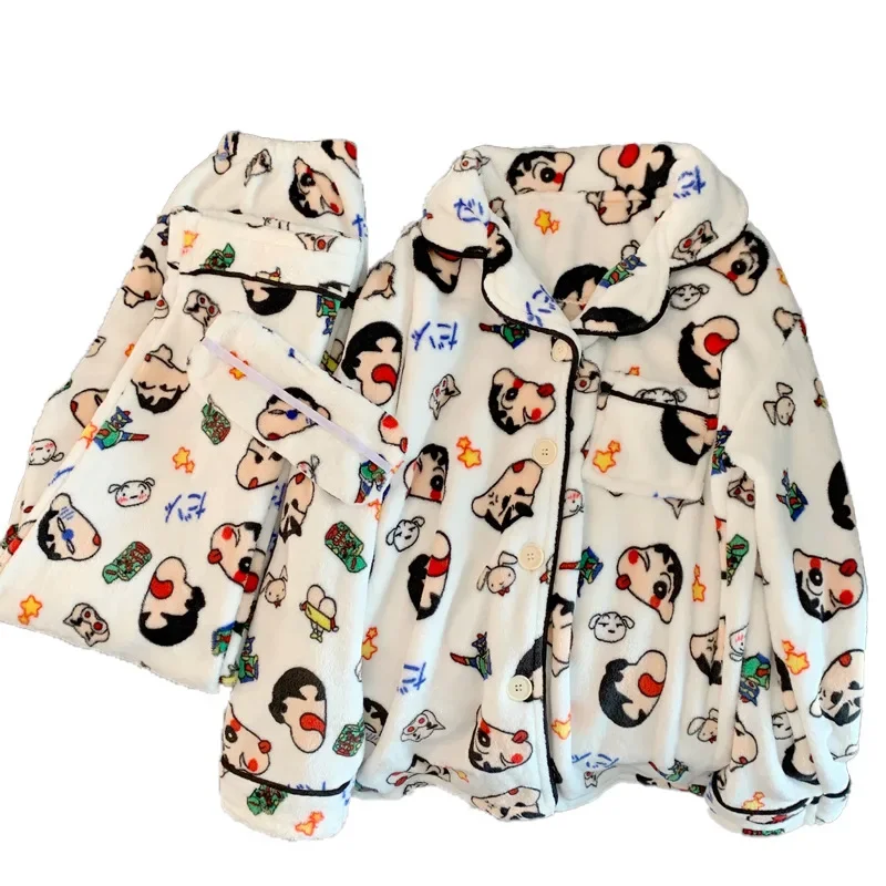 Winter Kawaii Crayon Shin-chan Womens Pajamas Set Flannel Warm Long Sleeve Button Down Top and Trousers Sleepwear 2 Piece