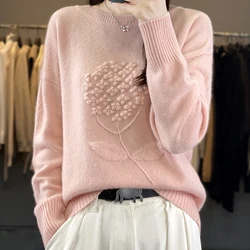 WOTEEWS Women's O-neck pullover 100% Wool Sweater New Knitted Long Sleeve Short Fashion Trend Women's Wool Sweater Home payment