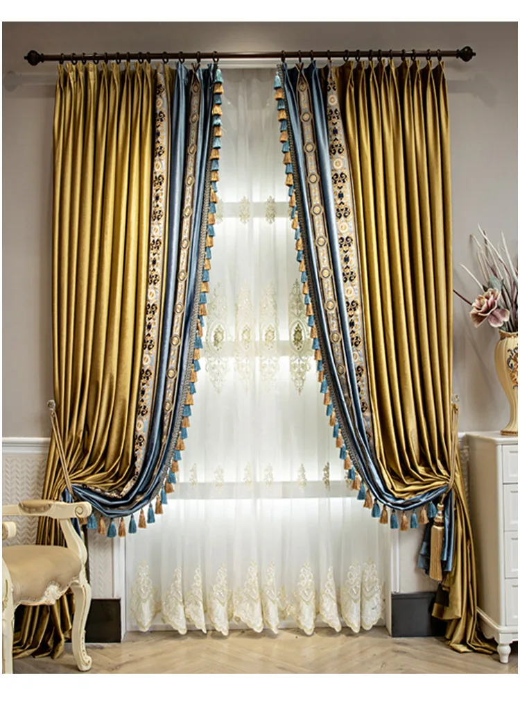 Hochwertige, luxuriöse, goldene und blau schattierende Samtvorhänge im europäischen und amerikanischen Stil für Schlafzimmer, Wohnzimmer, Villa, individuelle Anpassung – Detail 11