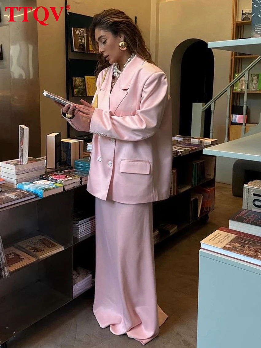 

TTQV Fashion Loose Pink Satin Women's Two Pieces Set 2025 Elegant Long Sleeve Blazer With High Waist Maxi Skirt Set Female