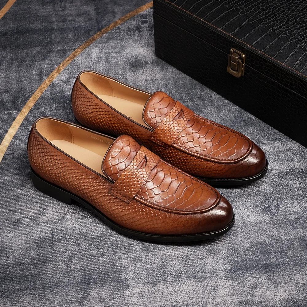 FELIX CHU Genuine Leather Men\'s Loafers Pointed Snake Pattern Slip-on Monk Shoes Wedding Party Casual Formal Men\'s Dress Shoes