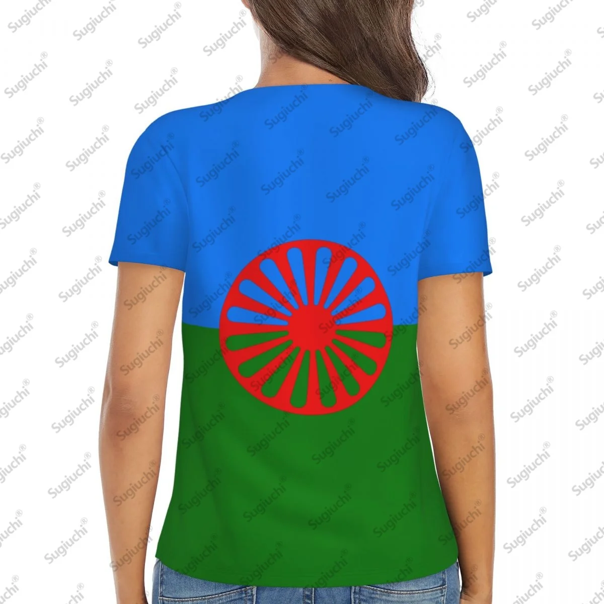 2025 bandera gitana Sexy cuello en V profundo mujeres 3D manga corta moda camisetas ropa femenina Tops chica blusa Casual camisetas