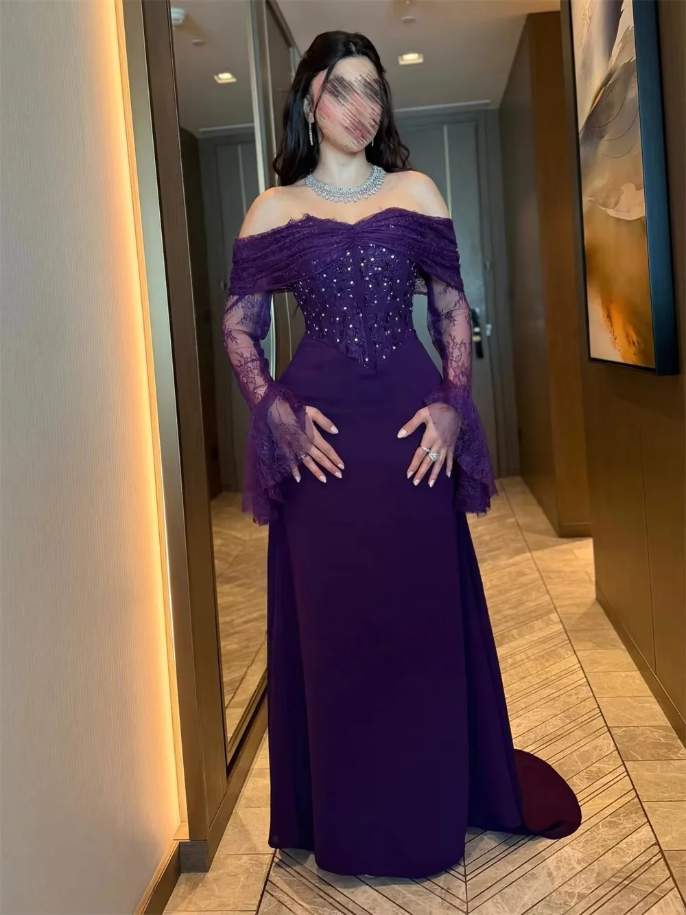 Purple Beaded Long Sleeves Bespoke Occasion Gown Evening Dresses Pastrol Unisex Jersey Retro Dubai Saudi Arabic Prom Customized