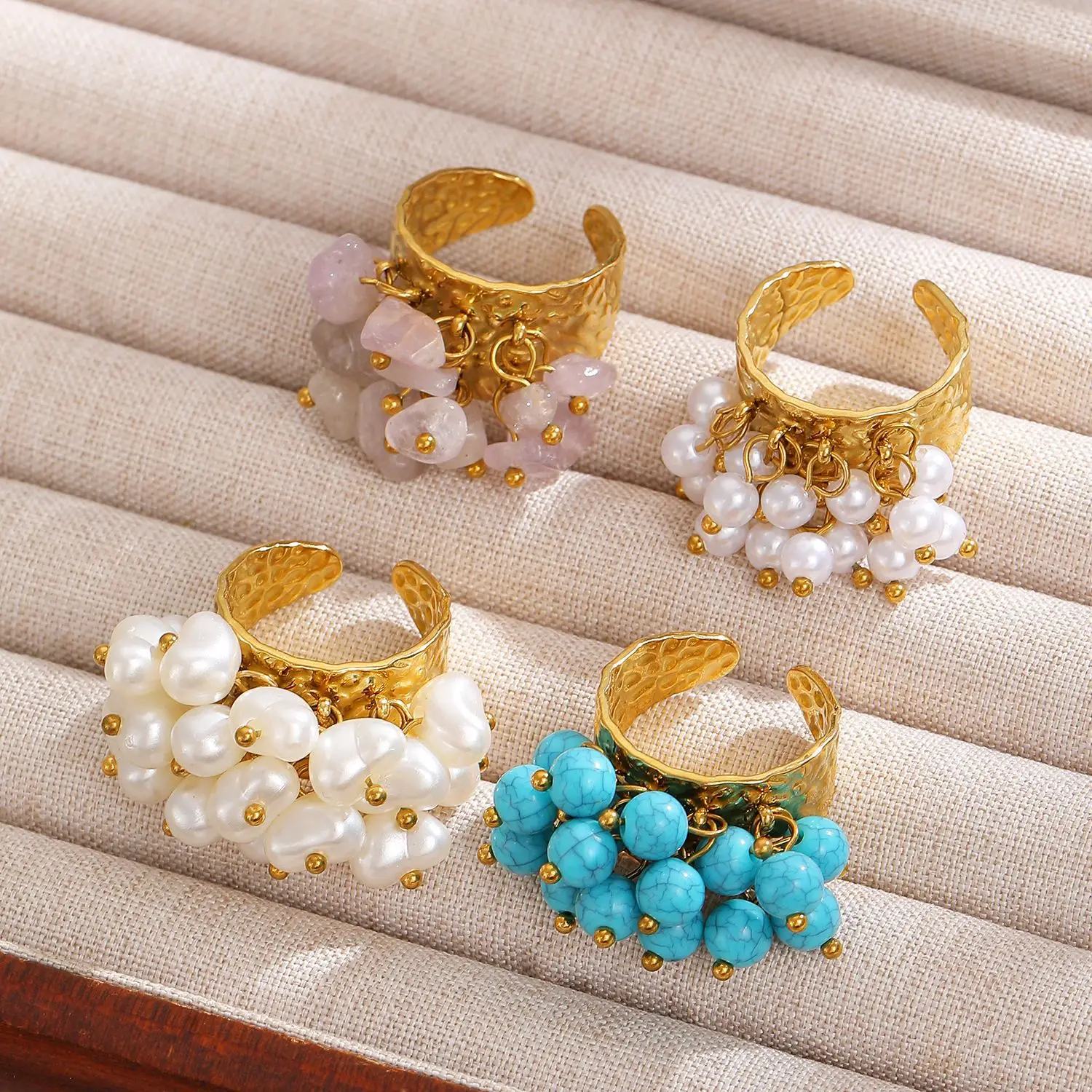 HANGZHI Bohème Style Colorful Stone Tassel Sing Fashion Eexaggerated Women's Jewelry Retro Elegant Stainless Steel Ring