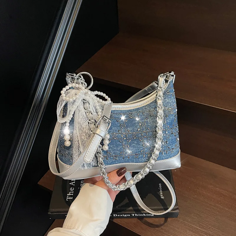

Casual Commuter Blue Denim Women's Bag 2025 New Lightweight Luxury Chain Crossbody Bag Korean Sle Underarm Bag