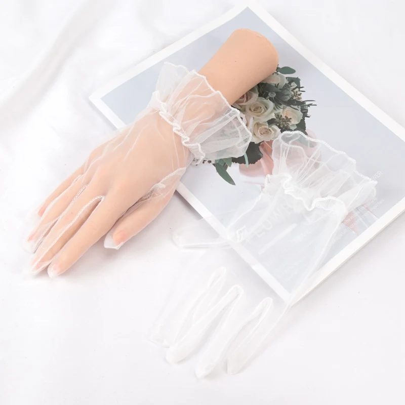 New Sexy Transparent Lace Black White Gloves Solid Color Fashion Women Drive Short Tulle Gloves Mesh Stretchy Wedding Mittens