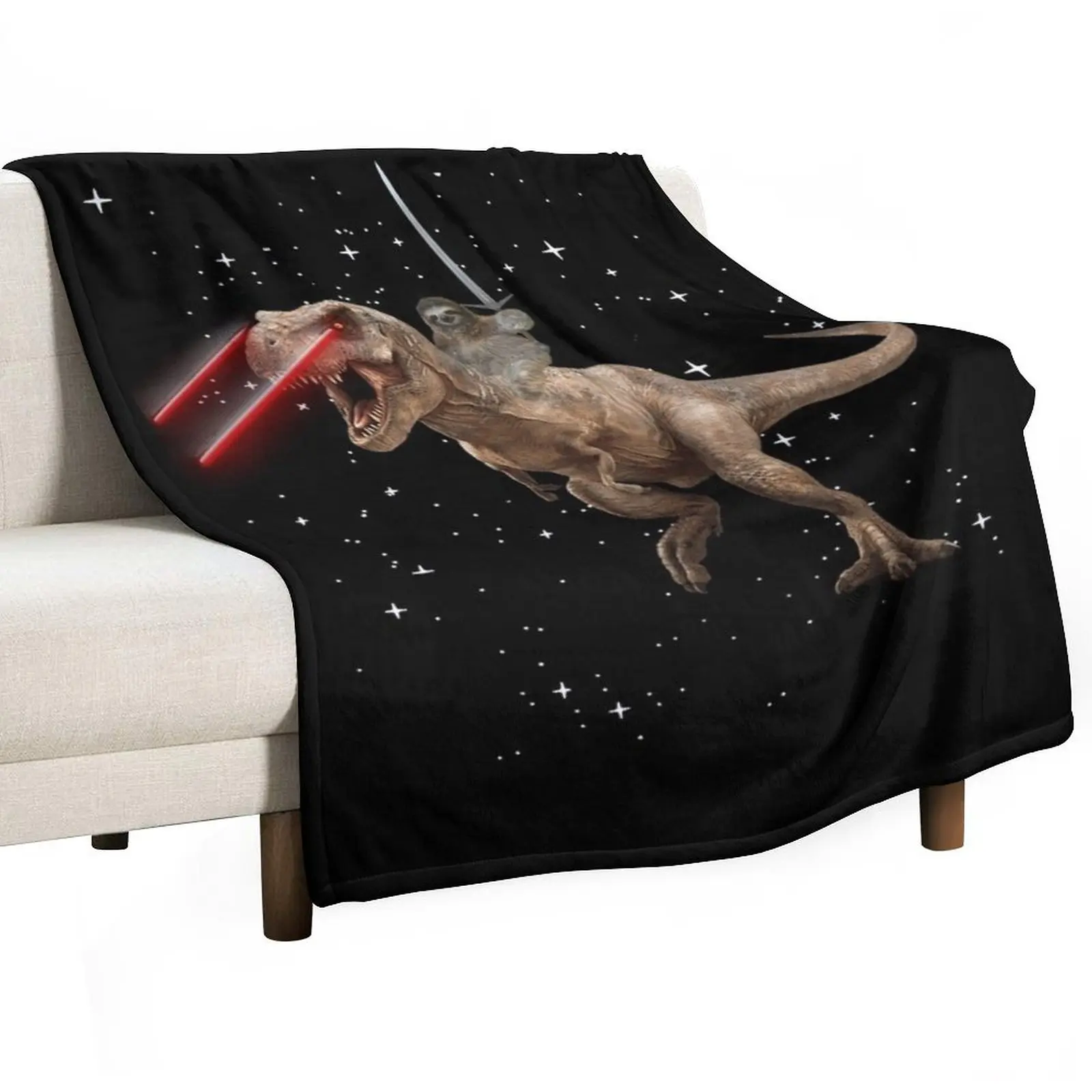 Sloth with a claymore riding a T-rex with laser eyes in Space Throw Blanket Hairy Designers Weighted Camping Blankets