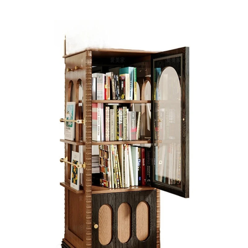 

Solid wood rotating bookcase storage with glass door corner magazine 360 degree display vertical