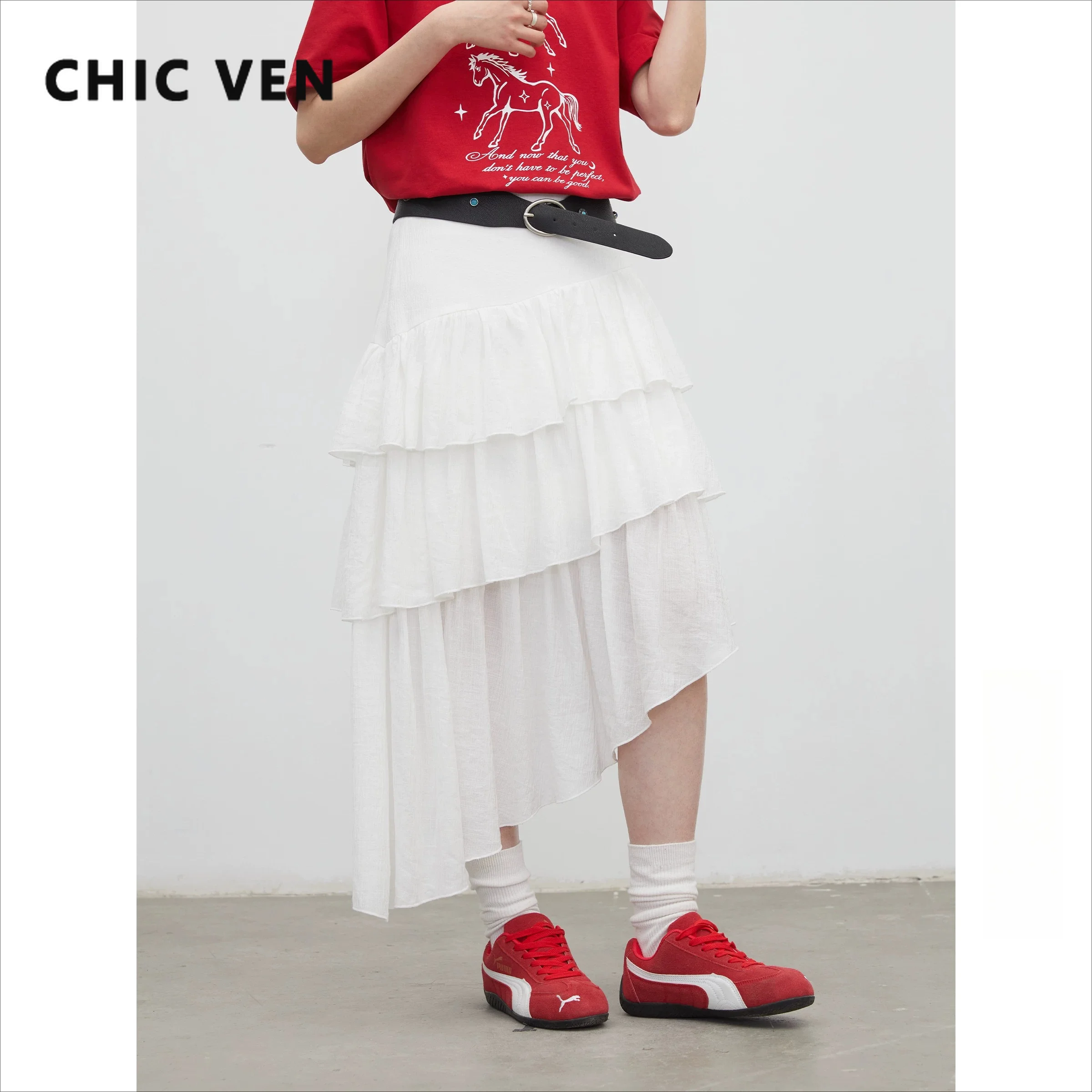 CHIC VEN Korean Women Skirts A Line Loose Casual White Three-dimensional Layered Lace Irregular Female Skirt Spring Summer 2026