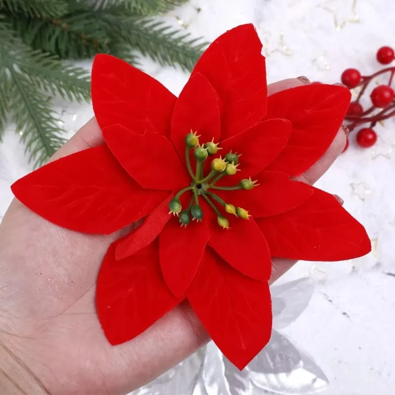 60/1pcs Glitter Christmas Flowers Artificial Silk Fake Flowers Xmas Tree Decor with Clip Wedding Party New Year Wreaths Supplies