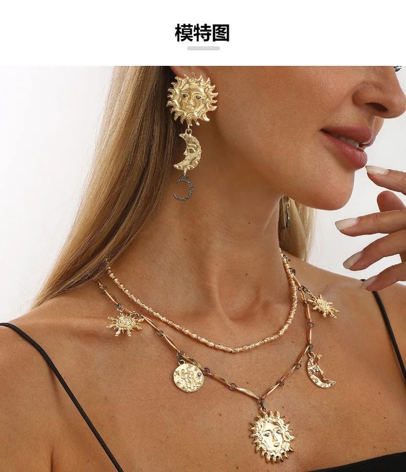 Ancient Alloy Sun Moon Pendant Necklace ZA Personality Double Layer Stackable Chain Collarbone Necklace
