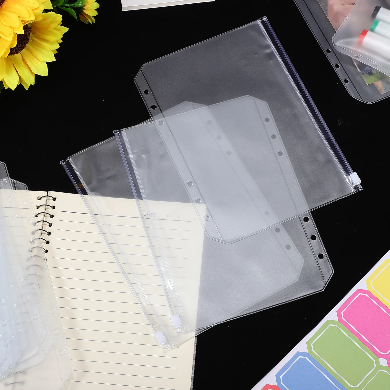 

12pcs A5 Binder Pockets Zipper Folders Transparent Document Pouch Set With Sticky Labels For 6 Ring Binder File Bag Organization