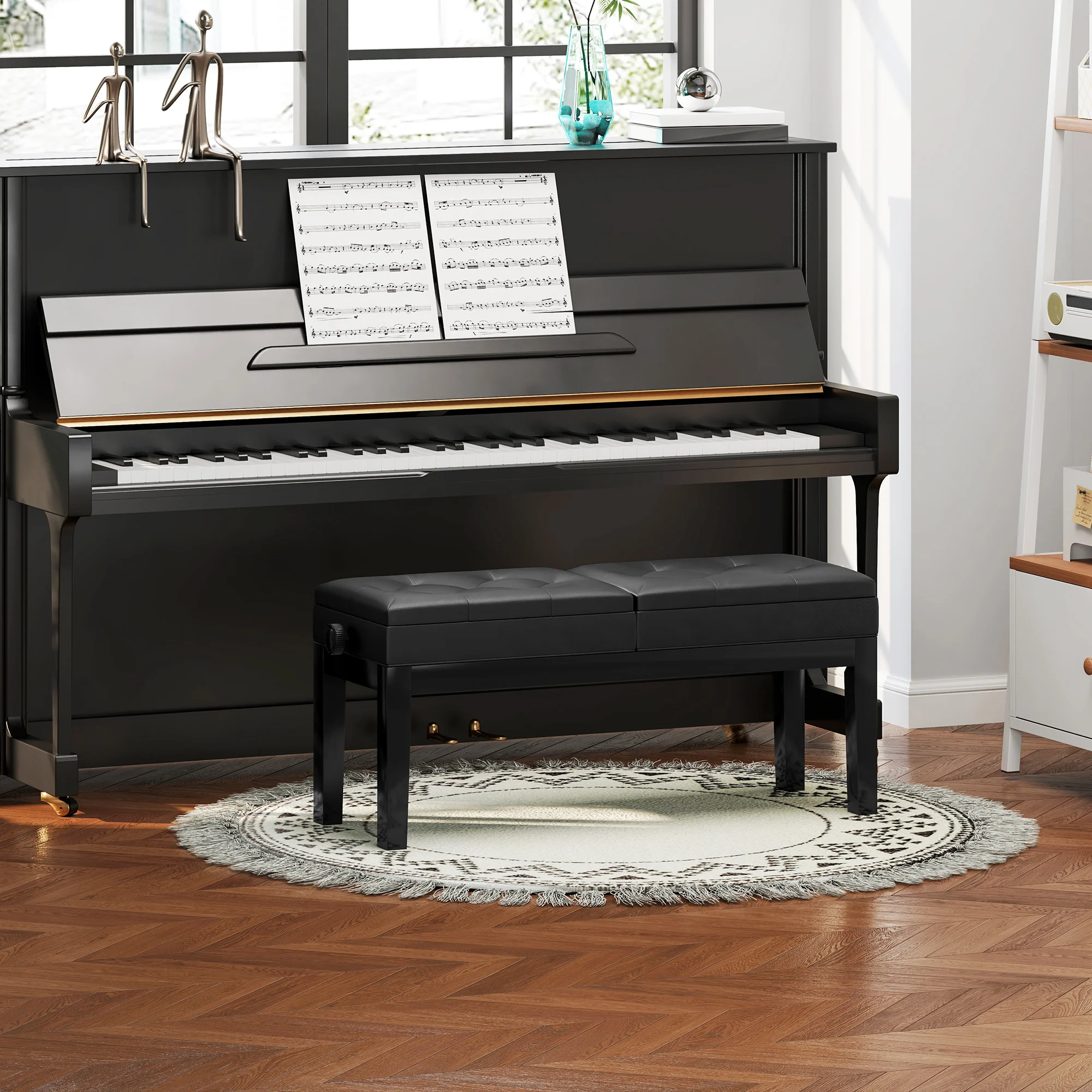 HOMCOM Pianobank, in hoogte verstelbare pianokruk met opbergruimte, pianobank tot 220 kg, veerkrachtig, kunstleer, zwart, 105x37x48-58 cm
