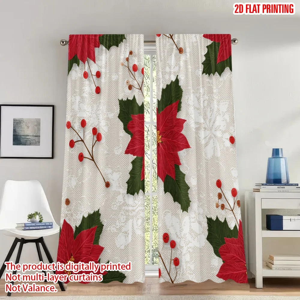 

2pcs 2D flat printing Merry Christmas Party Curtains Christmas Poinsettia Holly Berries_e Digital Printed Polyester Drapes