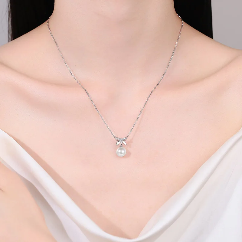 S925 Sterling Silver Moissani Diamond Pearl Necklace, Bow, Collarbone Chain