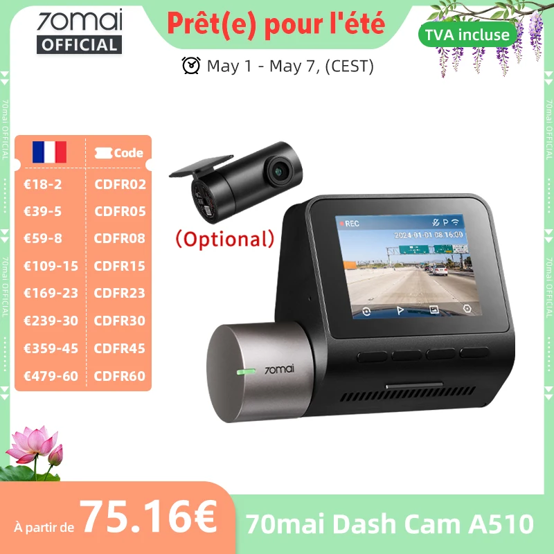 70mai Dash Cam A510 1944P HDR GPS ADAS 4G connectivité 70mai 4G caméra avant A510 voiture DVR 24H Support de stationnement caméra arrière