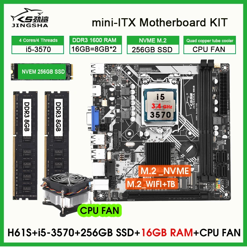 H61S mini ITX Desktop Motherboard LGA 1155 Set with Core I5 3570 2*8G=16GB 1600MHz DDR3 PC Memory 256GB SSD and Cooler Kit Set