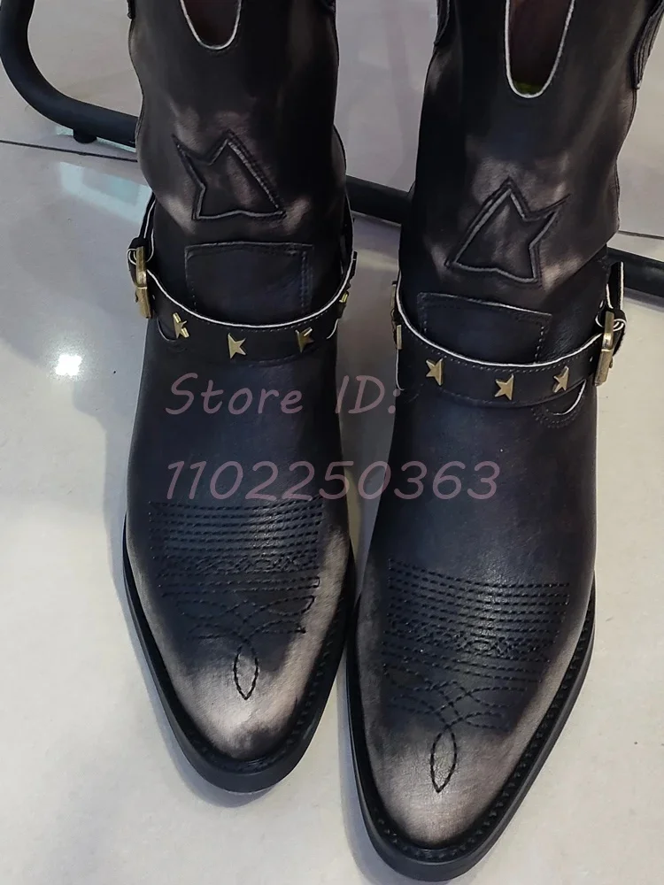 Retro Belt Buckle Cowboy Mid-calf Boots Black Dirty Pointed Toe Chunky Heels Western Short Boots for  Slip-on Women 2024 Winter