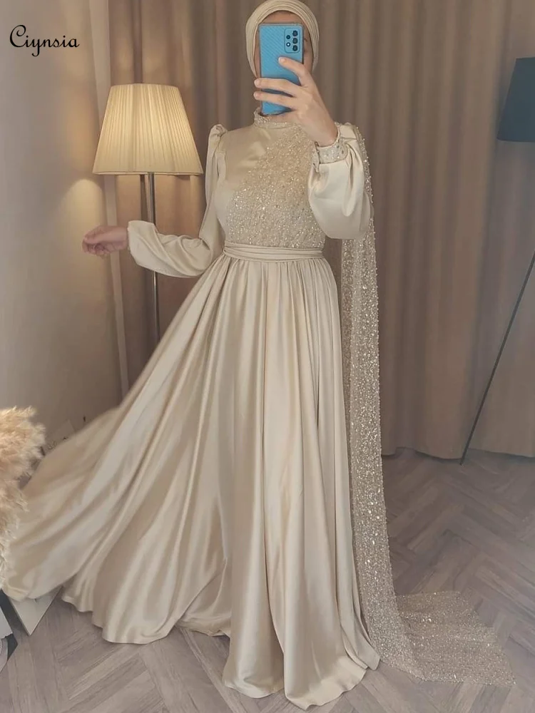 Ciynsia A-Line High Neck Beads Satin Vintage Evening Gown Long Sleeve Modest Robe De Soirée Women Hijab Formal Occasion Dresses