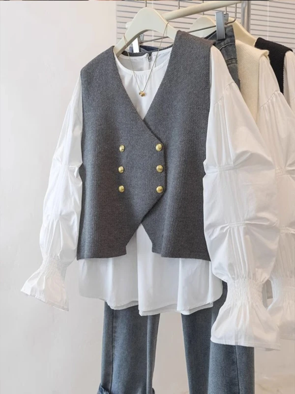 Anti-Aging V-Neck Knitted Vest Shirt Outerwear Women's plus Size Korean Style Layering Little Fragrance Wind Top