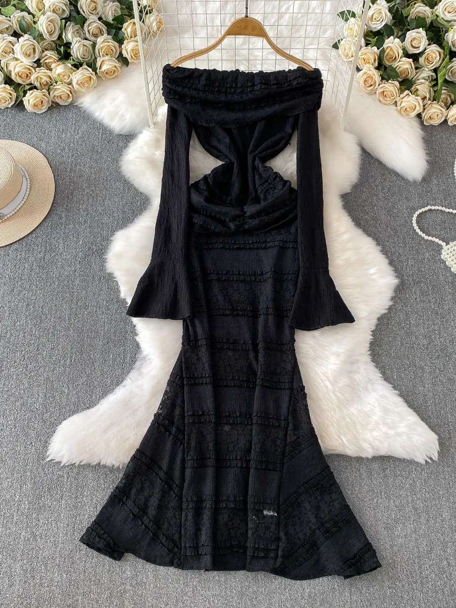 فستان ماكسي أنيق بدون أكتاف من الدانتيل بحورية البحر من Foamlina بأكمام طويلة وقصة ضيقة فستان رسمي للنساء موضة ربيع الخريف #2