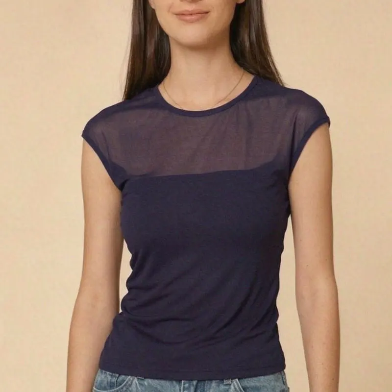 Womens Summer Lace Slim Fit Sexy T-shirt New Trend All-match Mesh Splicing Short Sleeve Tops with Chest Padded Base Shirt Blouse