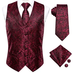 Hi-Tie 4PC jedwabna męska kamizelka z krawatem Hanky spinki do mankietów biznesowa formalna sukienka wąska kurtka bez rękawów bordowy garnitur Paisley kamizelka