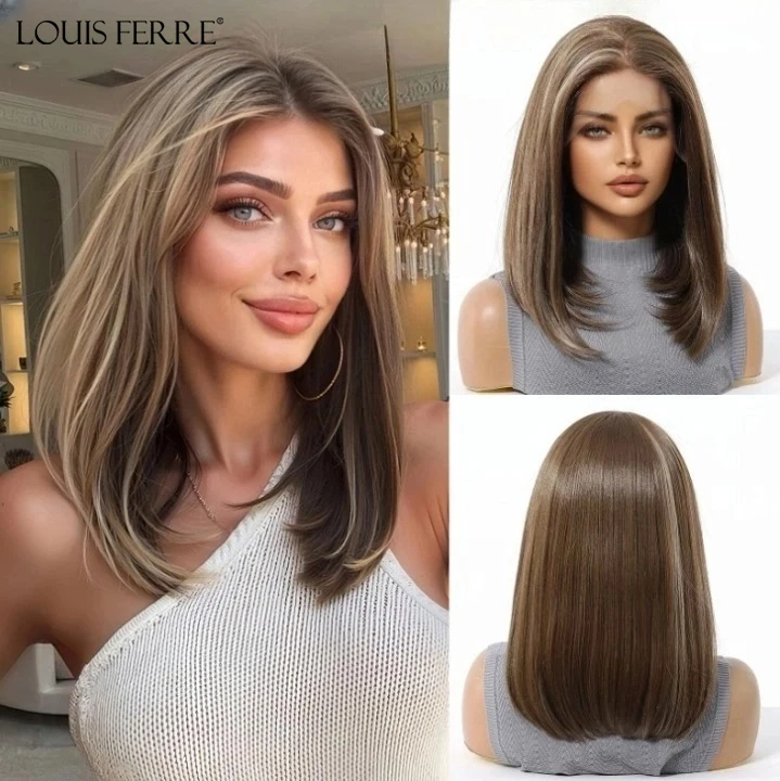 13*6 HD Transparante Kant Voor Pruiken Natuurlijke Haarlijn Korte Rechte Synthetische Pruiken Voor Vrouwen Dagelijks Party Bruin gemengde Blonde Pruiken
