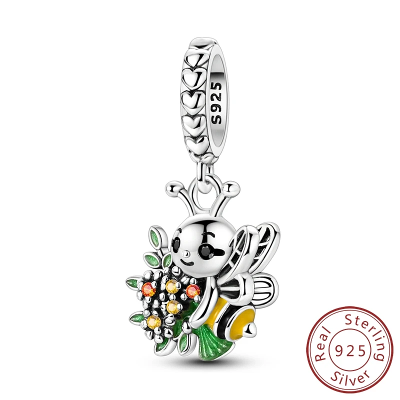 

Insect Series 100% 925 Sterling Silver Cute Bee & Flower Dangle Charm Fits Pandora Bracelet DIY Animal Jewelry Charm