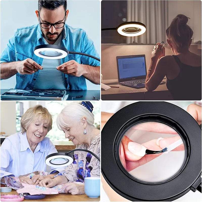 عدسة مكبرة 5/10X مع ضوء 3 ألوان 10 سطوع 28/56 مصباح مكبر LED لقراءة صياغة اللوحة أعمال قريبة