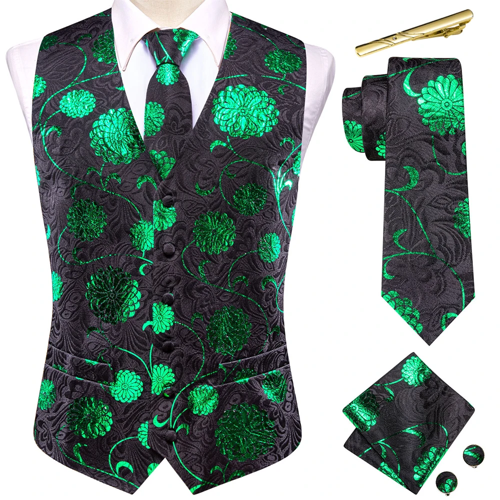 Shiny Green Black Men Vest Jacquard Silk Sleeveless Waistcoat Jacket Necktie Hanky Cufflinks Brooch Wedding Business Gift Hi-Tie