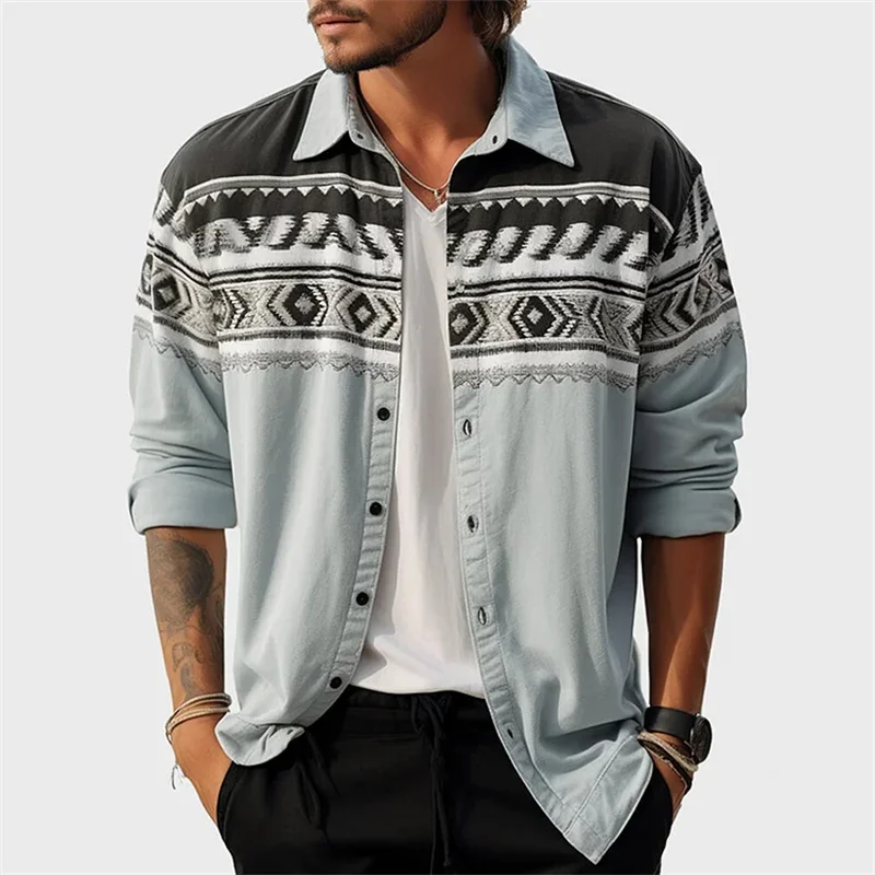 New Men's Western Print Long Sleeve Lapel Shirt Casual Social Men's Long Sleeve 3D Printed Clothing