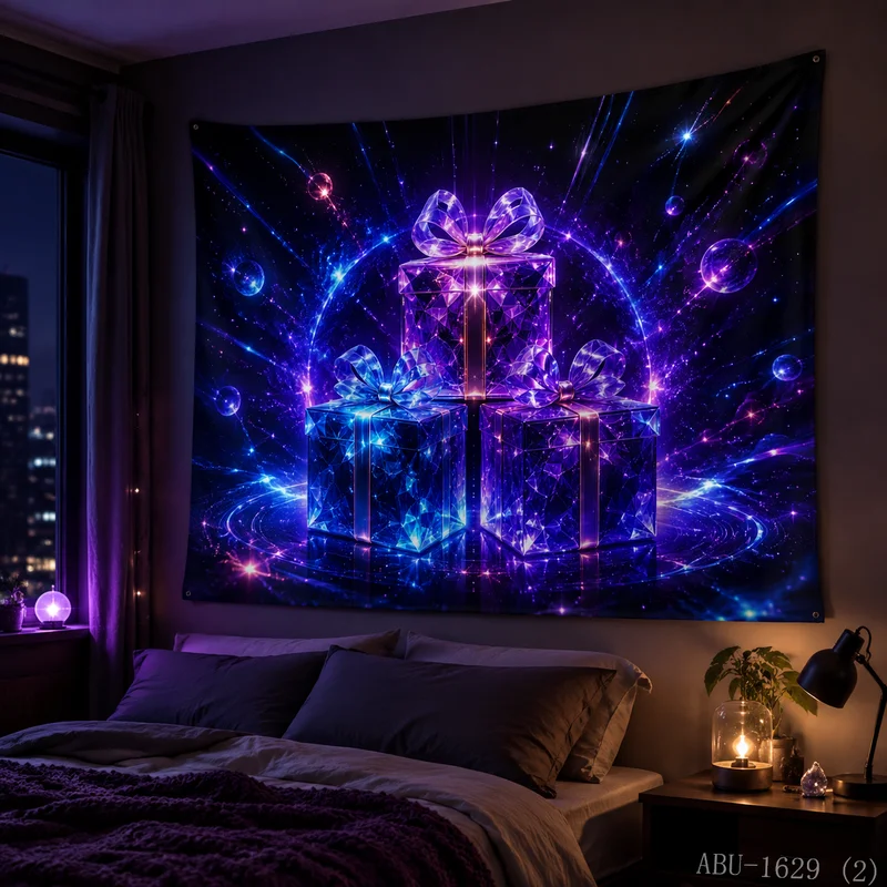 VIKAMA Neon Purple Blue Crystal Gift Box Trio Halo Bubble Galaxy City Christmas Tapestry Wall Hanging Bedroom Living Room Dorm